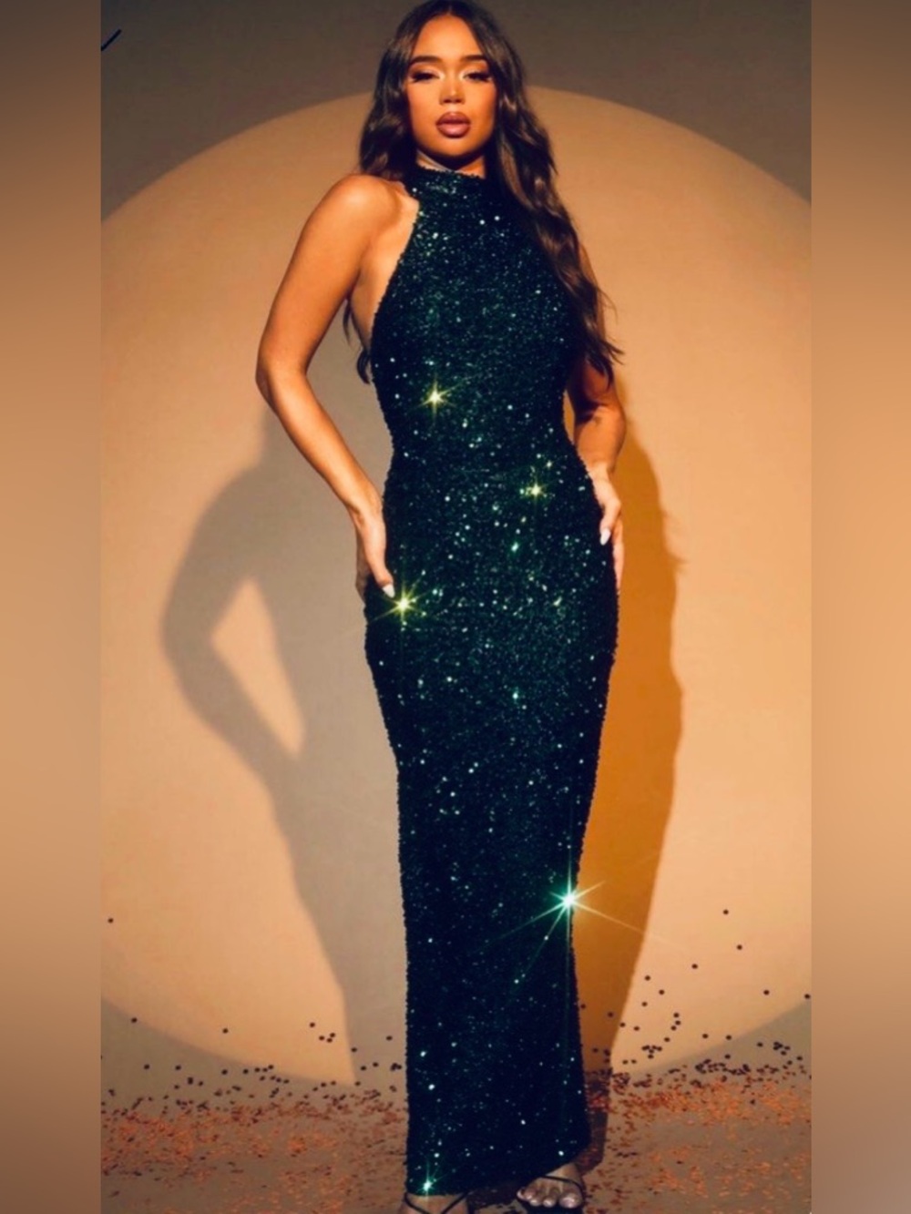 Fashion Nova Emerald Sequins Halter Maxi Dress